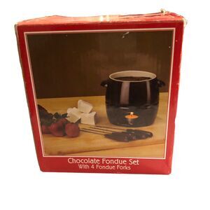 VTG Brown Ceramic Blackhawk Fondu Pot Set Original Box Two Piece With Candle